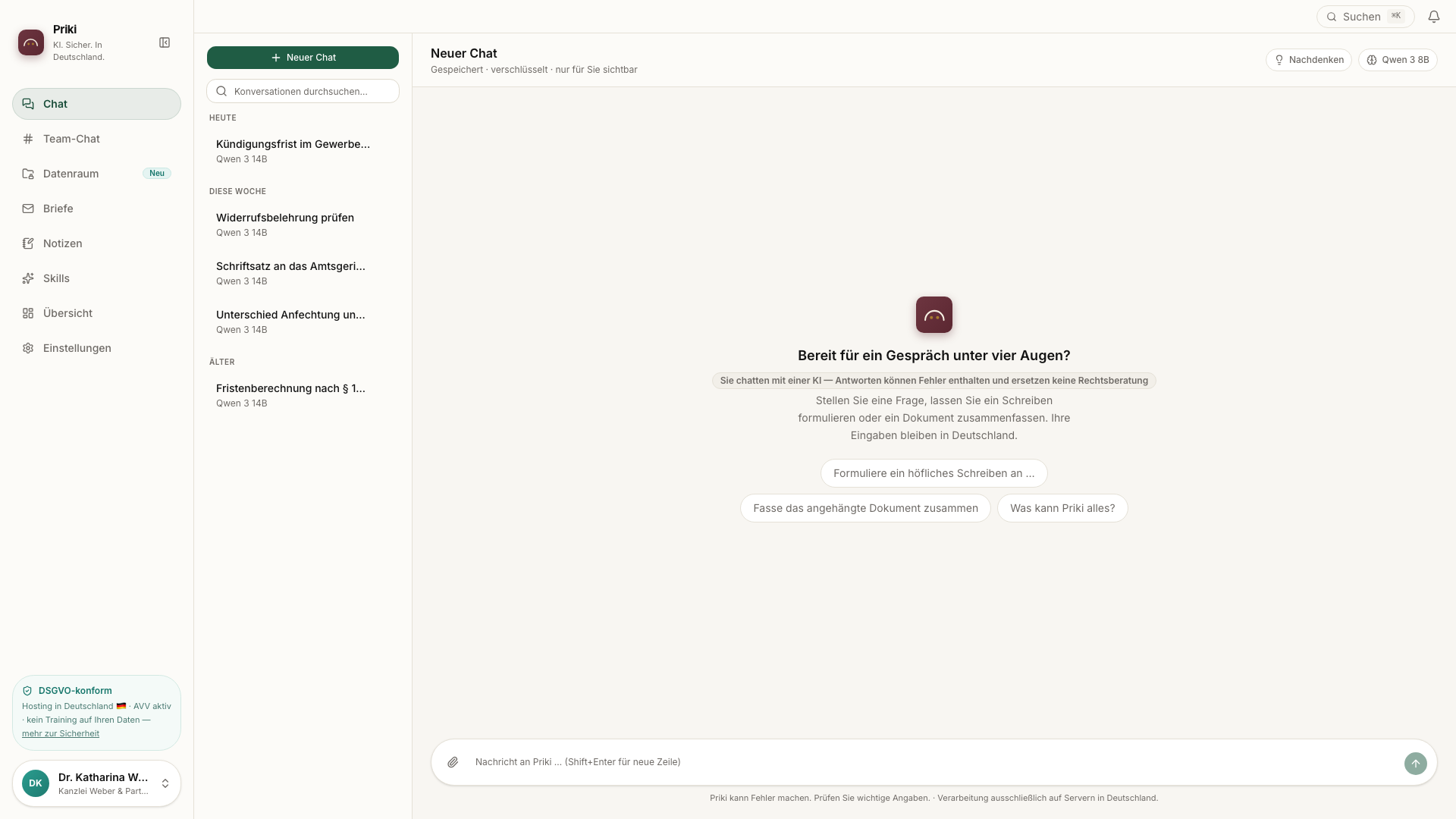 Der Chat direkt nach dem Login — mit Vorschlägen zum Einsteigen.